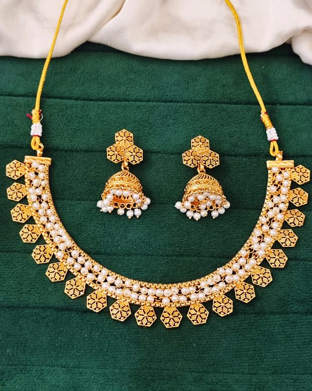 Gold Plated Pearl Necklace Set with Jhumka Earrings for Women – Traditional Ethnic Jewelry for Festivals, Weddings, and Parties