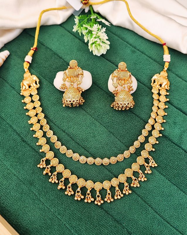 Antique Gold Plated Elephant Motif Necklace Set with Jhumka Earrings – Traditional Temple Jewelry for Women and Bridal Wear