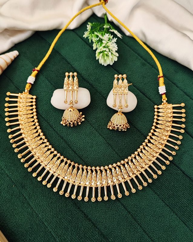Gold Plated Tribal-Inspired Necklace Set with Jhumka Earrings for Women – Traditional Ethnic Jewelry for Festivals and Cultural Events