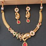 Enamel Work Paisley Design Necklace Set with Green and Red Stones