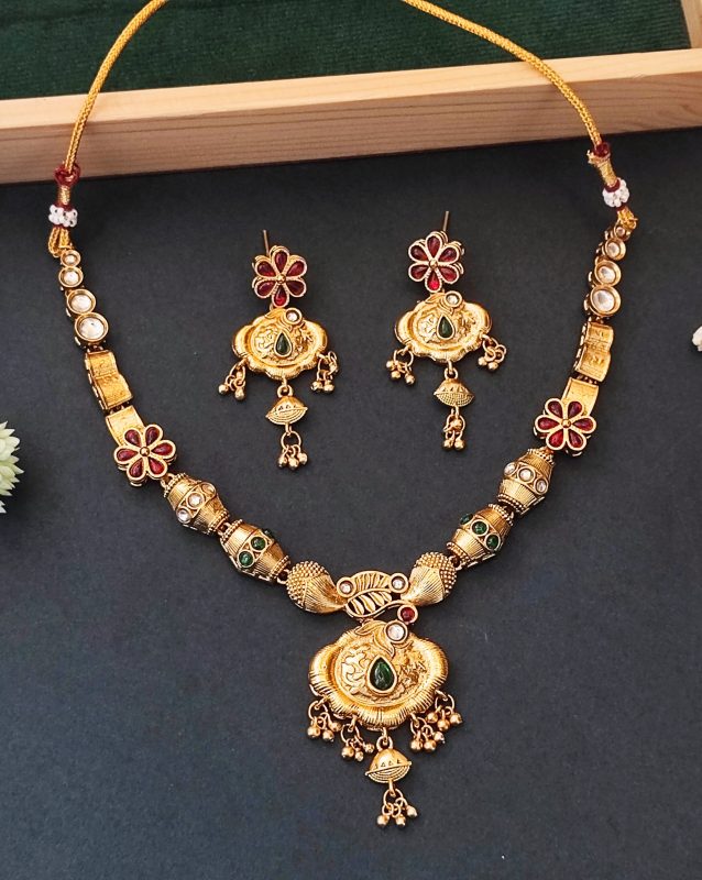 Ethnic Gold Floral Necklace Set with Red and Green Enamel Accents