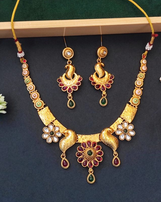 Peacock Inspired Ethnic Necklace Set with Floral and Stone Detailing