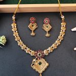 Floral Pendant Antique Necklace Set with Ruby and Green Stones