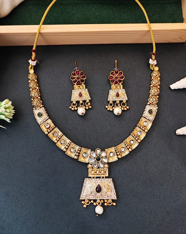 Temple Inspired Bell Pendant Necklace Set with Pearl Drops