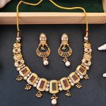 Square Cluster Gemstone Necklace Set with Pearl and Kundan Detail
