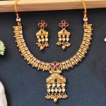 Traditional Floral Pendant Necklace Set with Red and Green Stones and Dangling Beads