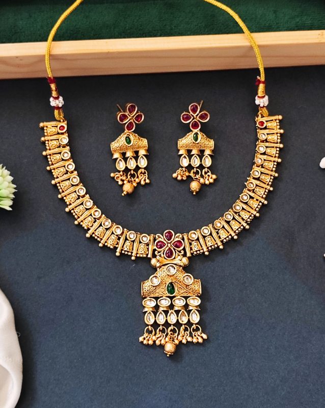 Traditional Floral Pendant Necklace Set with Red and Green Stones and Dangling Beads