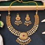 Beautiful Gold-Plated Kundan Necklace and Earrings Set with Red and Green Stones, Pearl Accents for Her