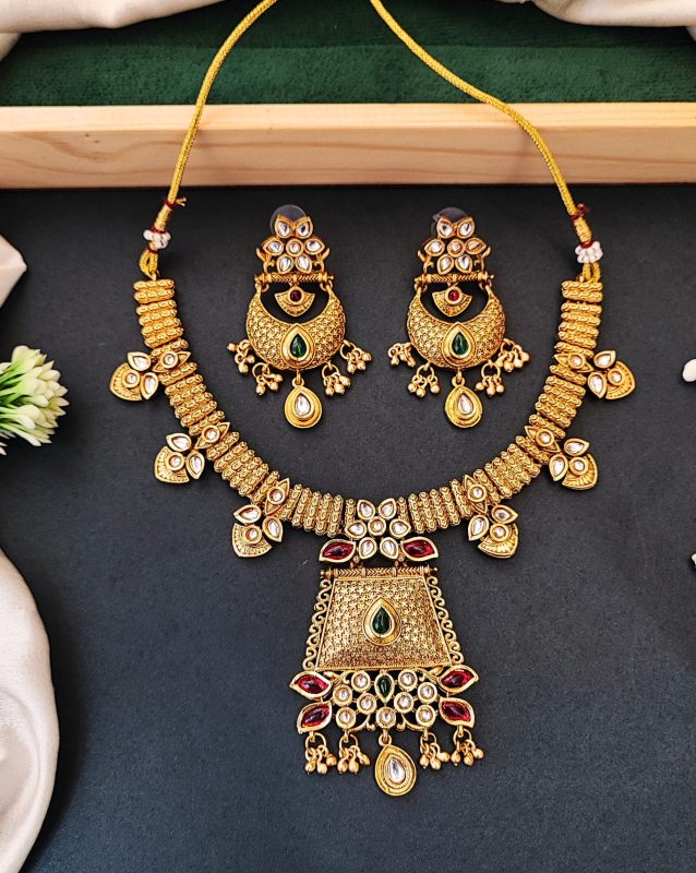 Indian Style Kundan Necklace Set with Earrings, Gold-Plated with Green and Red Stones for Her