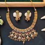 Traditional Kundan Choker Necklace Set with Red and Green Stones, Gold-Plated Jhumka Earrings
