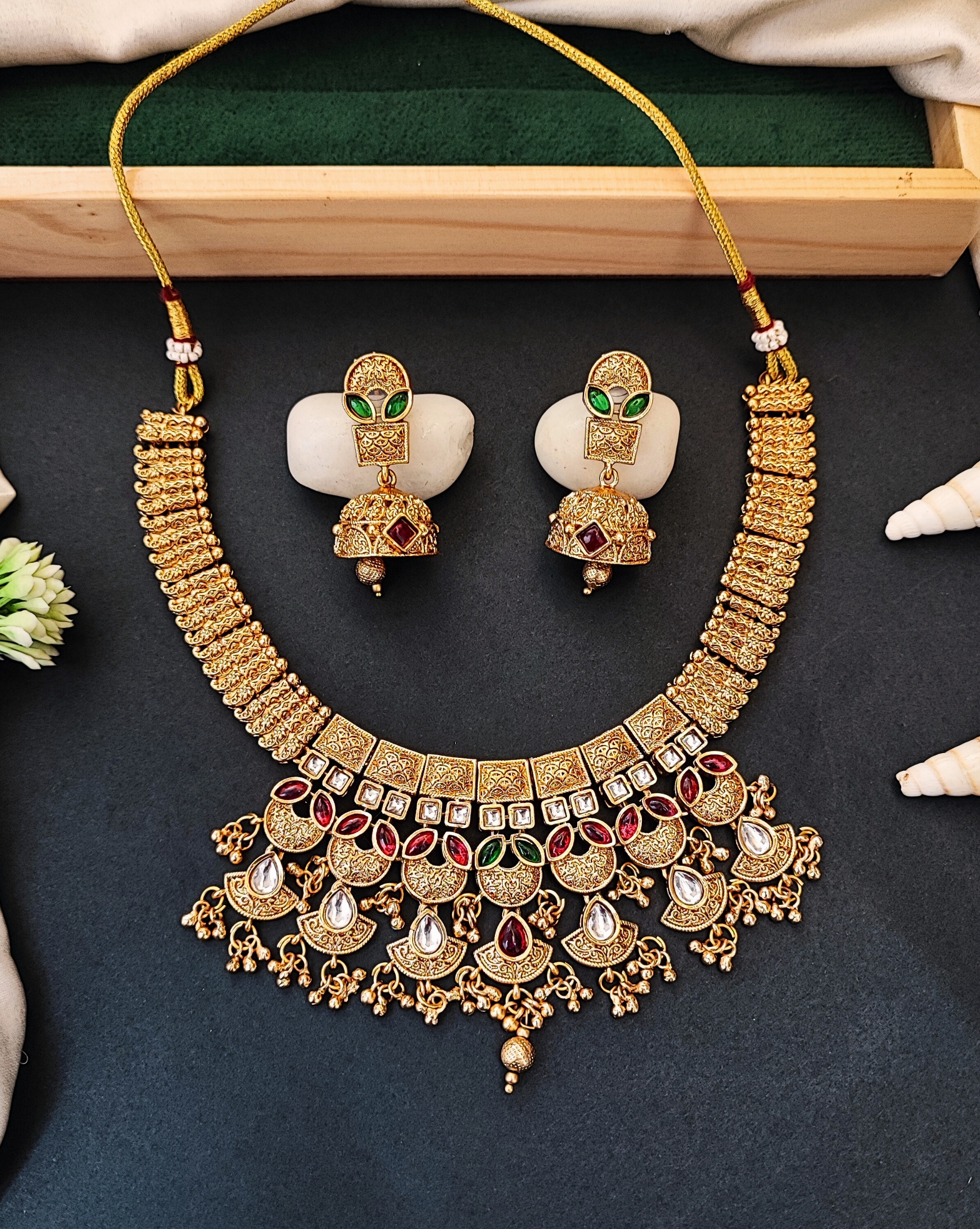 OK225 Traditional Kundan Choker Necklace Set with Red and Green Stones, Gold-Plated Jhumka Earrings