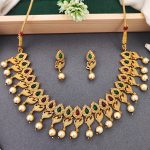 Matte Gold Peacock Necklace Set with Ruby & Green Stones, Pearl Drops – Ethnic Bridal Jewellery