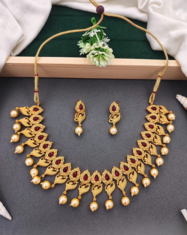 Antique Gold Peacock Necklace Set with Ruby Stones & Pearl Drops – Traditional Ethnic Jewellery