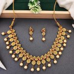 Antique Gold Coin Necklace Set with Ruby Stones & Pearl Drops – Traditional South Indian Jewellery