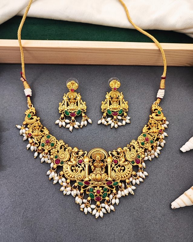 Antique Gold Temple Necklace Set with Laxmi Motif & Earrings – Bridal Jewellery for Women