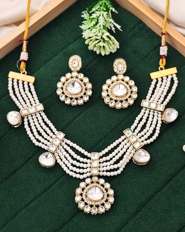 Elegant White Pearl Kundan Necklace Set with Earrings – Bridal Wedding Jewelry
