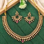 Traditional Gold Plated Necklace Set with Earrings – Antique Temple Design for Women