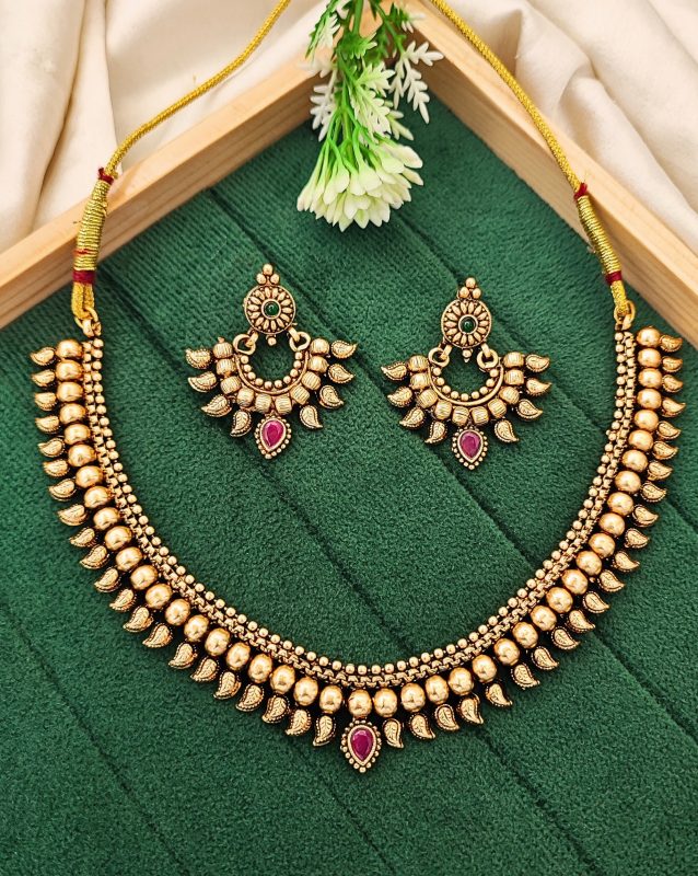 Traditional Gold Plated Necklace Set with Earrings – Antique Temple Design for Women