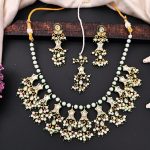 Beautiful Kundan Pearl and Green Pearls Necklace Set with Maang Tikka & Earrings