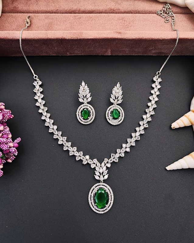 Elegant Green Stone & CZ Delicate Diamond Necklace Set for Women