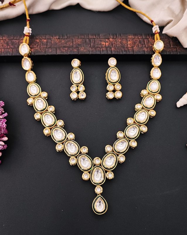 Classic Oval Polki Kundan Green Enamel Necklace Set with Matching Earrings