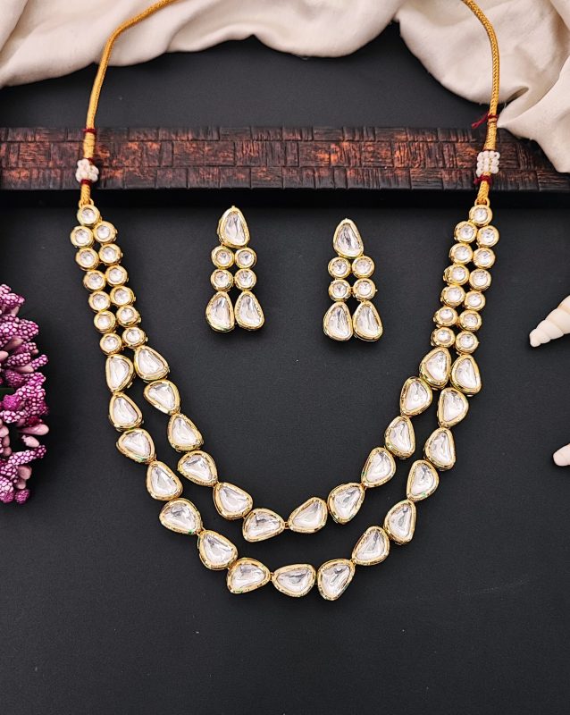 Double Layer Polki Kundan Necklace Set with Statement Earrings
