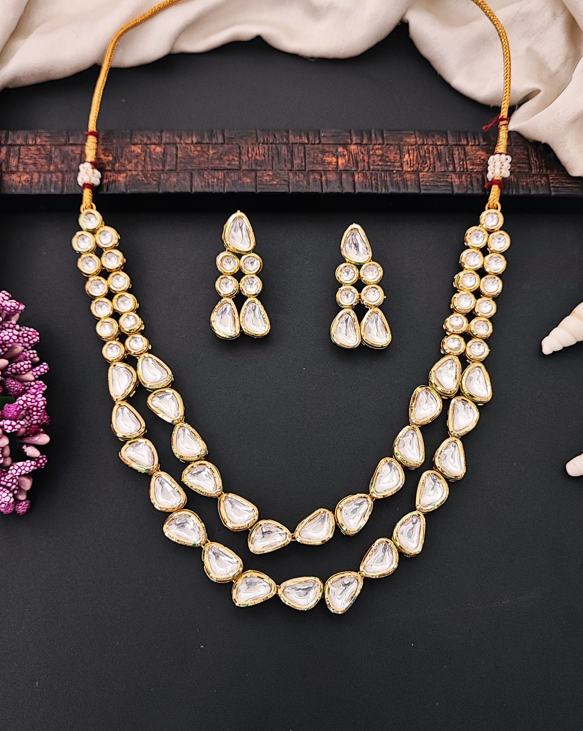 OK241 Double Layer Polki Kundan Necklace Set with Statement Earrings