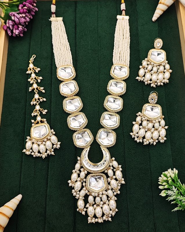 Grand Kundan Pearl Multi Strand Necklace Set with Earrings & Maang Tikka