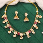 Floral Pearl & Ruby Emerald Color Stone Necklace Set with Jhumka Earrings