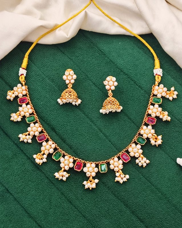 Floral Pearl & Ruby Emerald Color Stone Necklace Set with Jhumka Earrings