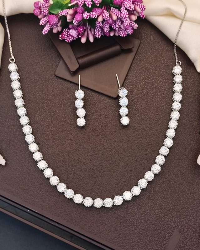 Rhodium Polish CZ Diamond Necklace & Earrings Set – Elegant Silver Finish for Modern Look