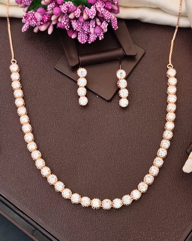 Rose Gold Polish CZ Diamond Necklace with Matching Earrings – Romantic & Trendy Jewelry Set
