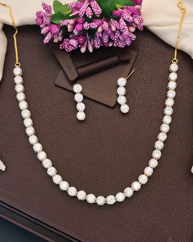 High Gold Polish CZ Diamond Necklace Set with Earrings – Classic Bridal & Party Wear Style
