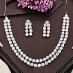 Rhodium Polish Double Line CZ Diamond Necklace Set with Earrings – Elegant Silver Shine for Parties & Weddings