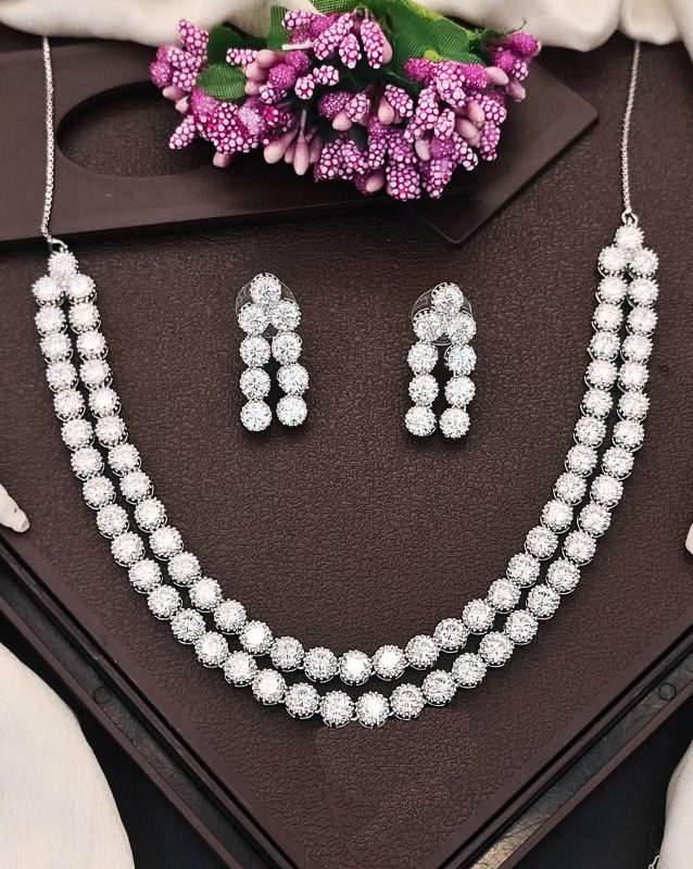 Rhodium Polish Double Line CZ Diamond Necklace Set with Earrings – Elegant Silver Shine for Parties & Weddings