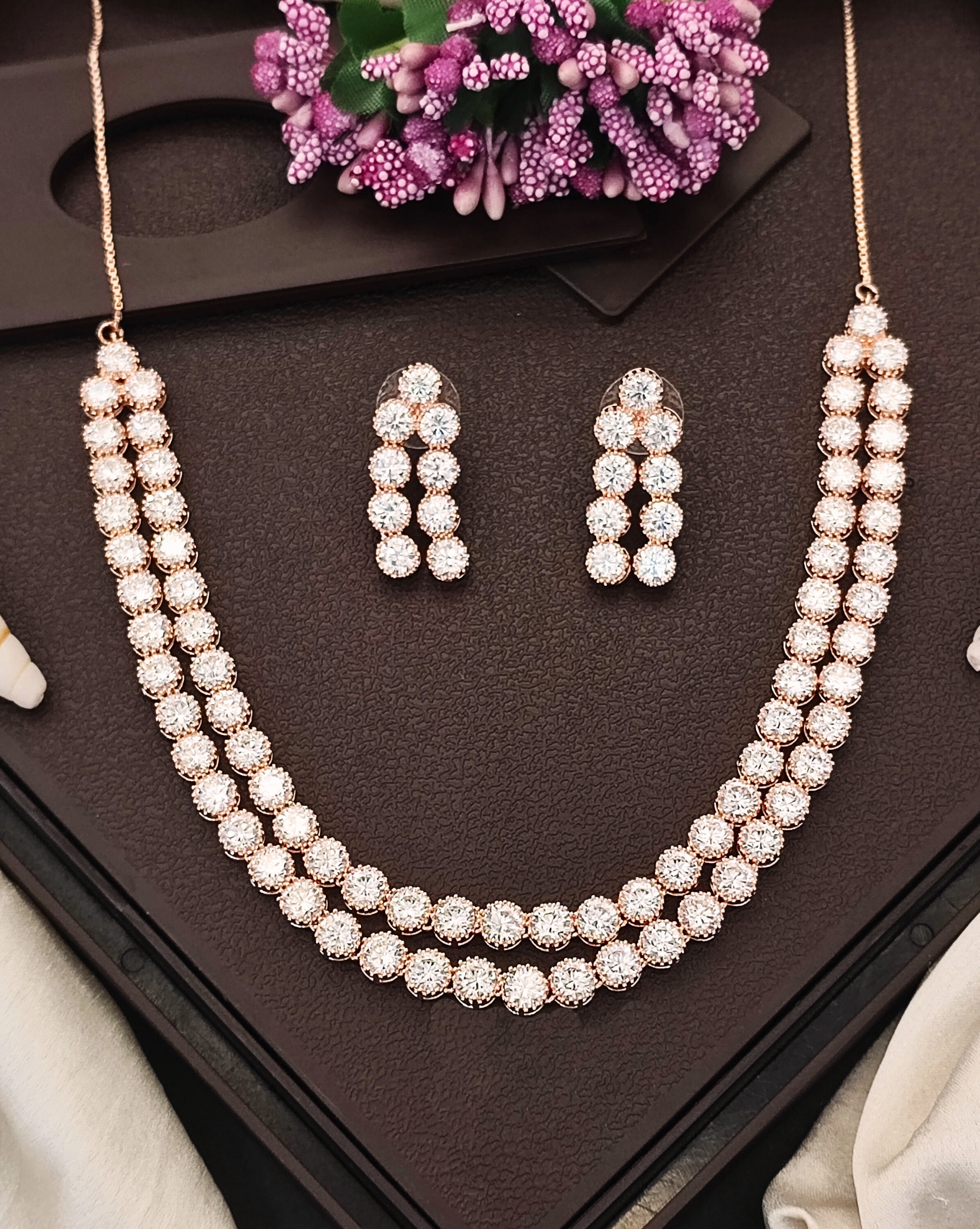 OK251 Rose Gold Double Line CZ Diamond Necklace with Earrings – Modern Glamour Jewelry for Evening & Bridal Wear