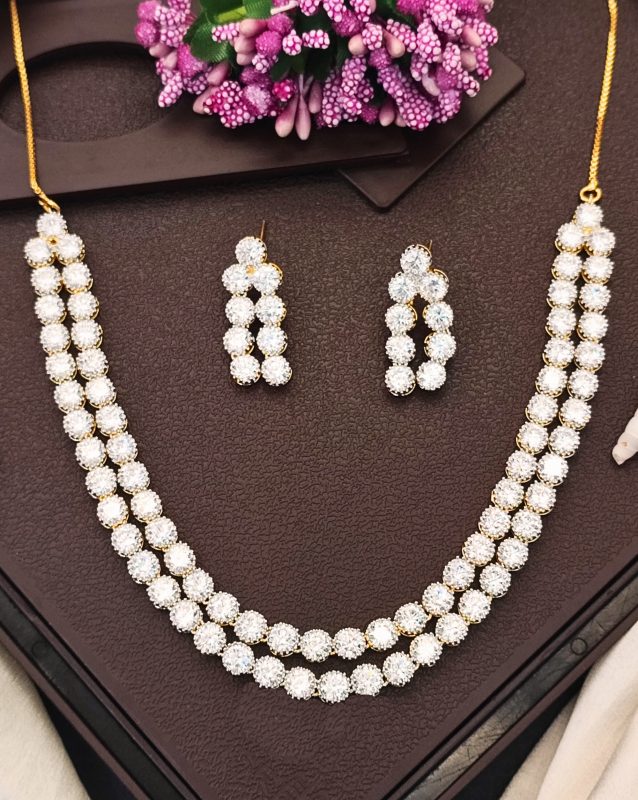 High Gold Double Line CZ Diamond Necklace Set with Earrings – Classic Traditional Look for Festivals & Celebrations