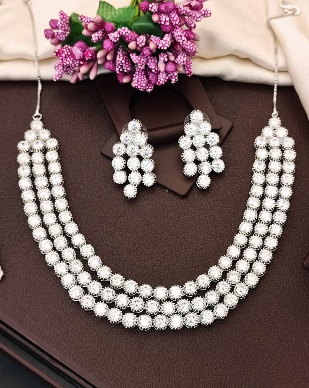 Silver Polish Crystal Beaded Necklace and Earring Set, Triple Strand Statement Jewellery for all Occasion