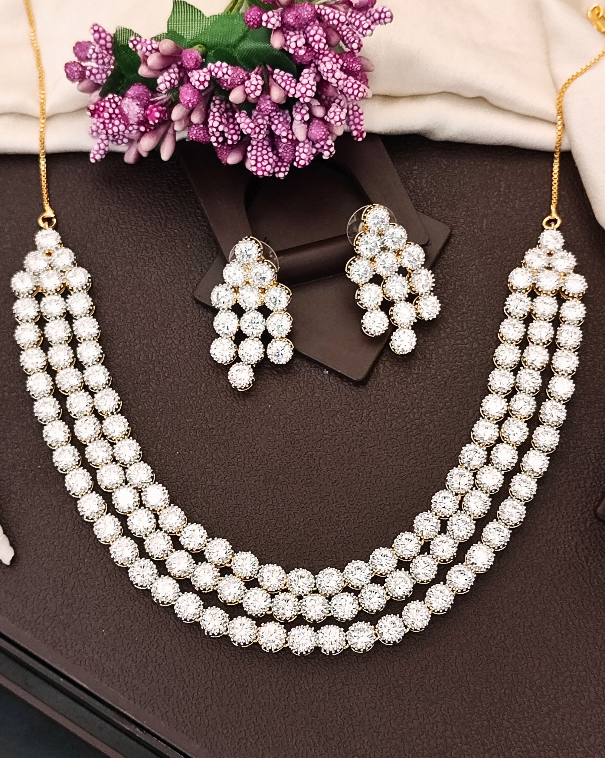 OK255 White CZ Diamond Necklace Set, Gold Rhodium Polish, Triple Layer Bridal Jewelry for Her