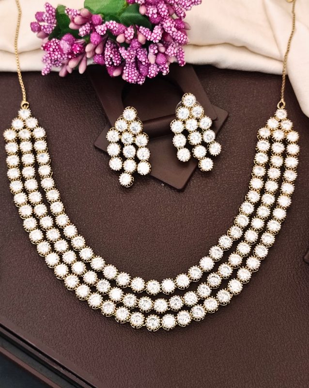 White CZ Diamond Necklace Set, Mehendi Polish Finish, Wedding Wear Jewelry