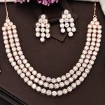 Rose Gold Finish White CZ Necklace Set, Sparkling Bridal Jewelry, 3-Layer Diamond Look