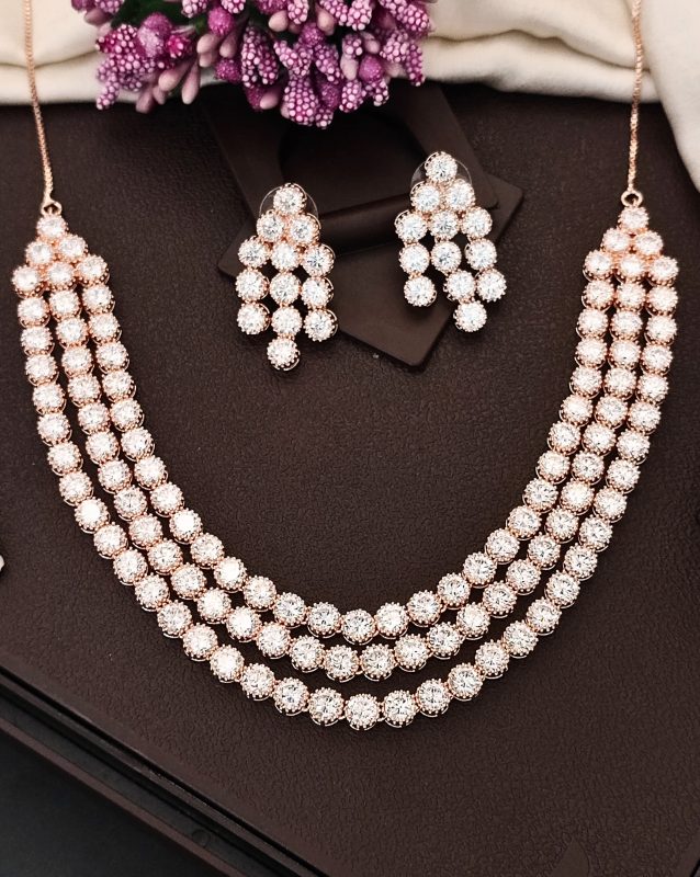 Rose Gold Finish White CZ Necklace Set, Sparkling Bridal Jewelry, 3-Layer Diamond Look